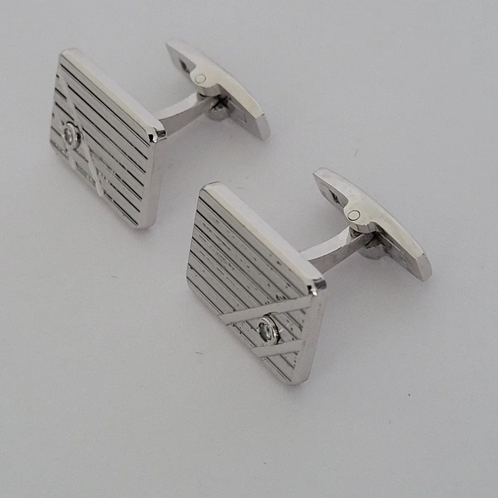 Vintage Sterling Silver Etched Rectangular Cufflinks with Clear‎ Stone Accents